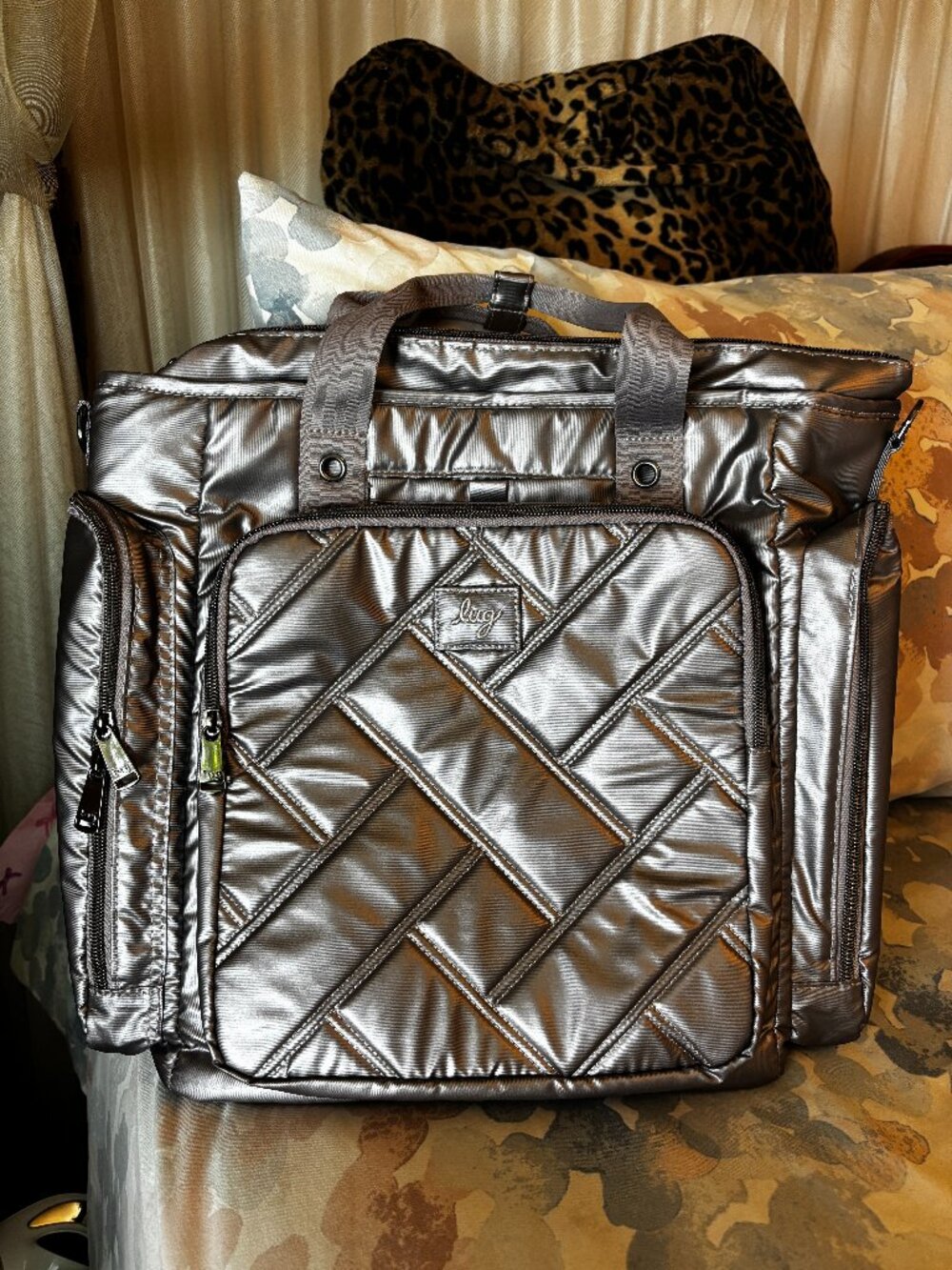 Lug Bustle Metallic Pearl Quilted Tote with Crossbody Strap